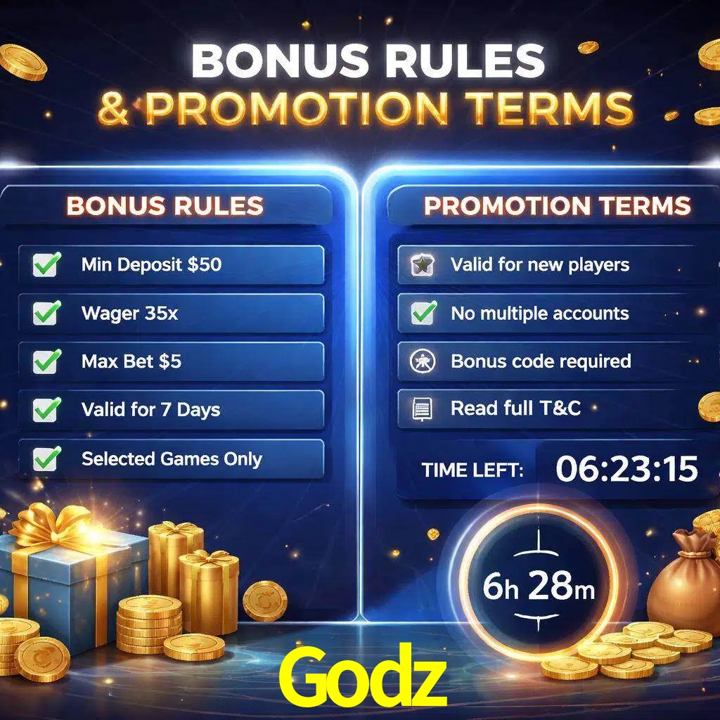 Reglas de promoción Godz y condiciones de bonos explicadas visualmente
