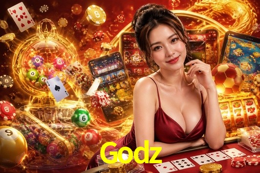 Una escena digital vívida inspirada en casino con Godz mostrado prominentemente, luces brillantes, fichas, cartas y acentos dorados.