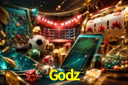 Escena dinámica inspirada en casino con iluminación Godz, cartas, fichas e íconos de juegos digitales en un espacio moderno de juegos.
