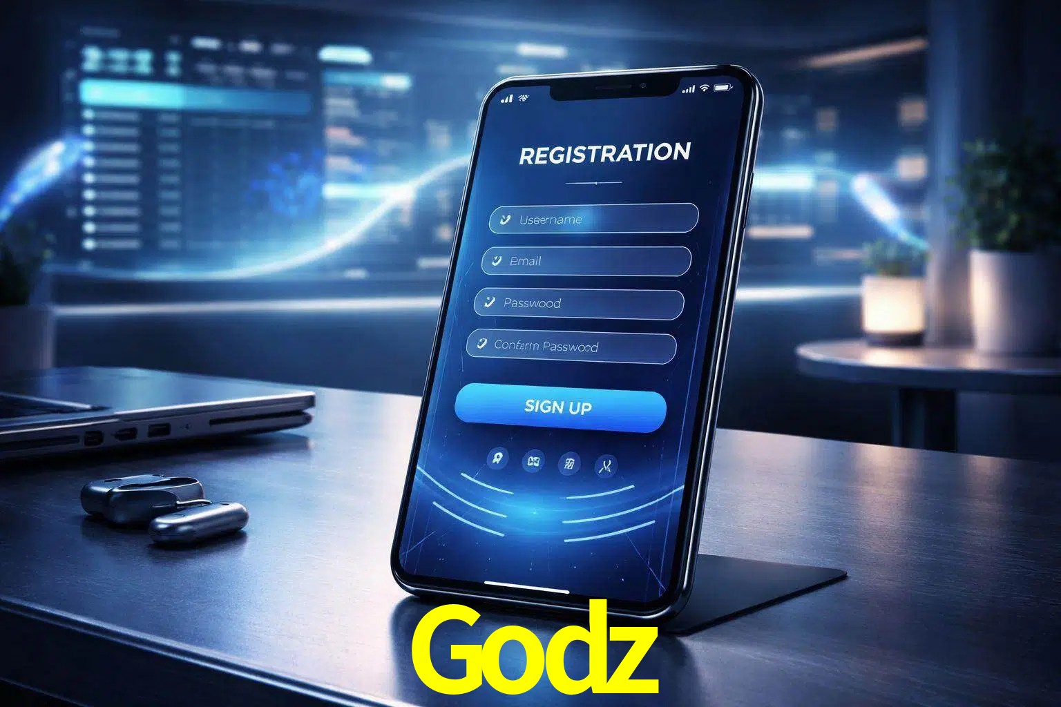 Una interfaz moderna de registro móvil para Godz mostrada en un smartphone con un panel de apuestas elegante.
